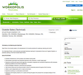 Workopolis Job Descriptiion Technical Outside Sales Position