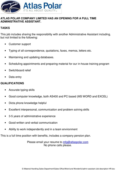 A Job Opening for a Full Time Admin Assistant at Atlas Polar 