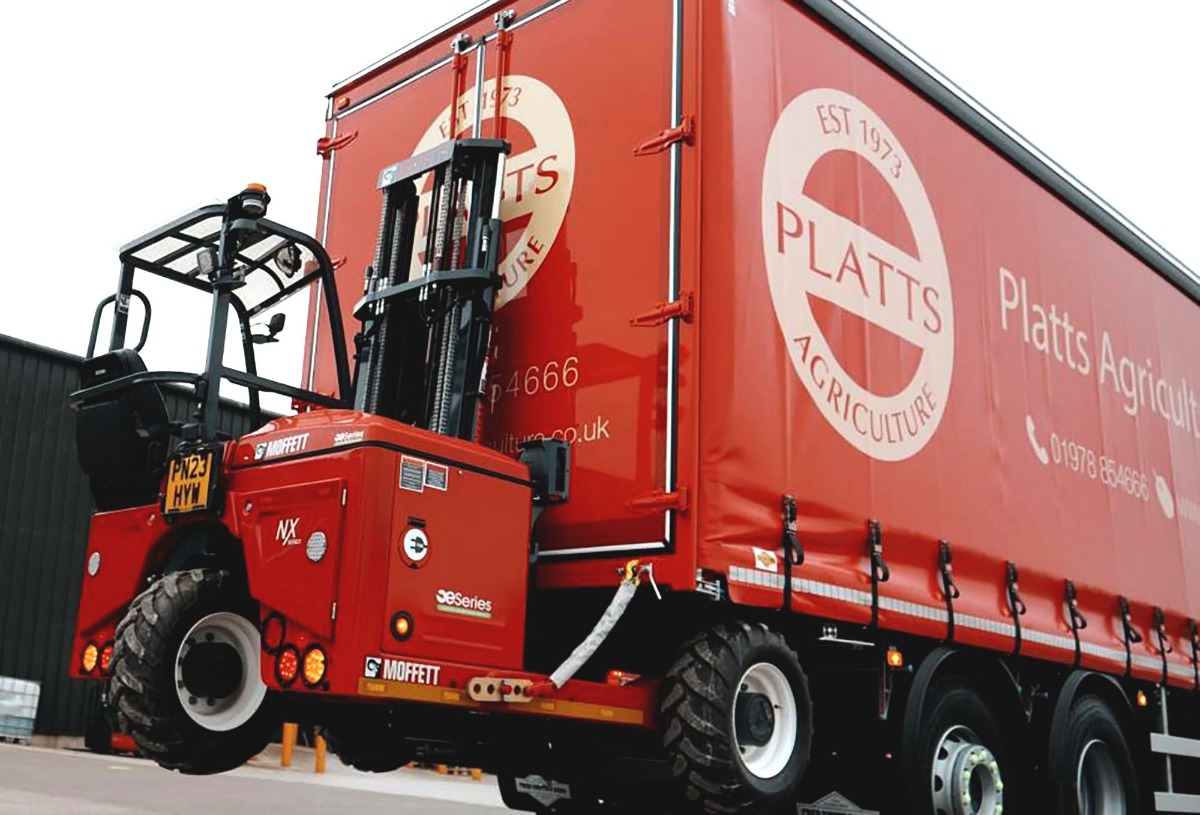 Moffett electric forklift on Platts truck